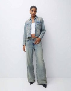 Pull&Bear oversized baggy low waist jeans in washed blue | ASOS Cropped Denim Blue Jeans With Pockets, Cropped Washed Blue Denim Jeans, Cropped Denim Flare Jeans With Pockets, Cropped Light Wash Bottoms With Pockets, Blue Cropped Jeans With Pockets, Cropped Blue Jeans With Pockets, Light Wash Cropped Bottoms With Pockets, Faded Flare Jeans With Pockets For Fall, Cropped Dark Wash Flare Jeans With Pockets