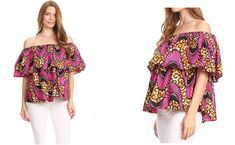 Sakkas Imani Colorful Wax African Ankara Dutch Off-shoulder Blouse Top Gorgeous Multicolor Off-shoulder Bohemian Tops, Bohemian Off-shoulder Multicolor Tops, Bohemian Multicolor Off-shoulder Tops, Fitted Multicolor One Shoulder Top, Pink Off-shoulder Blouse With Floral Print, Off Shoulder Ruffle Top, African Ankara, Ruffle Top, Modest Dresses