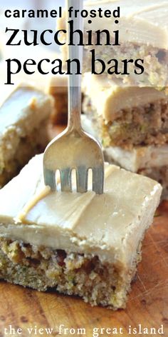 caramel frosted zucchini bar with fork Zucchini Pumpkin Bars, Zucchini Bread With Frosting, Recipes To Take To A Potluck, Snickerdoodle Zucchini Bread Recipe, Savory Zucchini Recipes, Giant Zucchini Recipes, Pizzazz Recipes, Zucchini Keto Recipes, Gluten Free Recipes For Dessert