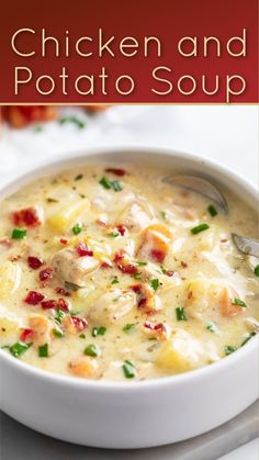 chicken and potato soup in a white bowl