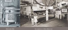 an old and new photo of two people working in a factory, one is looking at the oven