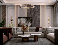 an elegant living room with marble walls and furniture