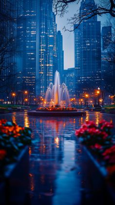 the city skyline is lit up at night with flowers and water fountain in foreground