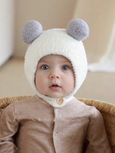 1pc White Plush Double Pom Pom Baby Hat For 3-24 Months Infants, Cute Cartoon Baby Hat Collection, Autumn/winter Baby Hat, Cozy Knit Baby Cap, Trendy, Cute & Warm Beanie, Stylish Baby Bonnet, Premium Quality Baby Hat Selection, Must-have Winter Accessories For Your Baby White    Acrylic  Knit Hat   Kids Accessories, size features are:Bust: ,Length: ,Sleeve Length: Teddy Hat, Knitted Baby Hat, Hat For Winter, Bear Paw Print, Pom Pom Baby, Baby Winter Hats, Knitted Hats Kids, Trendy Kids Outfits