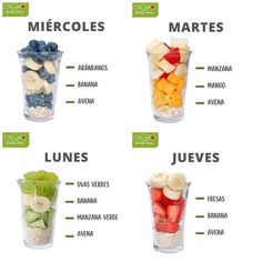 four different types of fruits in cups with the names below them and labeled on each side