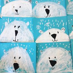 four polar bears painted on blue paper with snowflakes