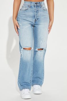 Petite As You Please Ripped Straight Leg Jeans - Light Blue Wash Cute Clothes Women, Light Blue Straight Jeans Outfit, What To Wear With Light Blue Jeans, Outfits For Tall Women, High Rise Jeans Outfit, Cute Clothes For School, Ripped Straight Leg Jeans, Rip Jeans, Cute Ripped Jeans