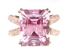 To see a video of this awesome ring, please go to:  https://www.instagram.com/p/Cs-ZfTCNDki/ We designed this as the ultimate statement ring in sophistication.  This gemstone is just gorgeous - perfect peachy pink color, the perfect statement cut - a beautiful emerald cut which has spectacular faceting; and a big weight - 9.56 carats.  This special gemstone just screamed for a sophisticated setting - showcasing the gemstone perfectly.  We set this in a very classic California Girl designer setting of solid rose gold in a split shank encrusted with diamonds everywhere.  We only use VVS/VS - F (colorless) diamonds - there really is a difference!  The gold is solid 9 grams of 18K rose gold.  The gemstone photos were taken in direct sunlight, and it actually is a little more pink than peach - Pink Emerald, Light Mint Green, California Girl, Rose Gold Accents, Morganite Diamond, Colorless Diamond, Morganite Engagement, Pink Morganite, Diamond Cocktail Rings