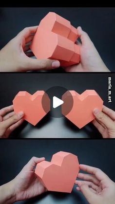 two photos showing how to make an origami heart with the help of hands