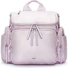 a pink backpack with multiple compartments on the front and side, all zippered together