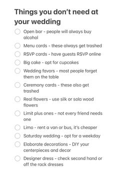 the wedding checklist is shown in black and white, with text that reads things you don't need at your wedding