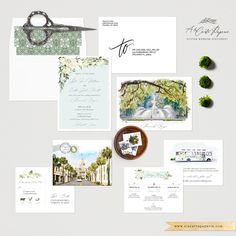 an assortment of wedding stationery items including cards, envelopes and brochures