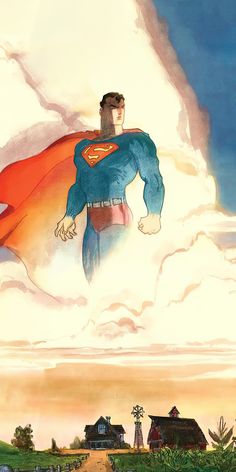 superman flying in the sky with clouds and farm buildings behind him on a cloudy day