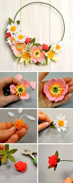 the process to make paper flowers is shown in several different stages, including one being cut and