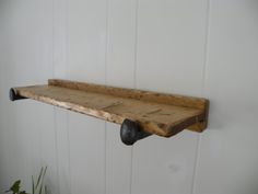 a wooden shelf sitting on top of a white wall next to a potted plant