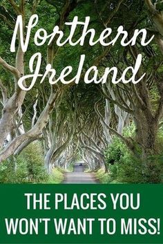 a road that has trees on it and the words northern ireland written in white letters