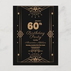 the black and gold 60th birthday party card with an art deco style design on it