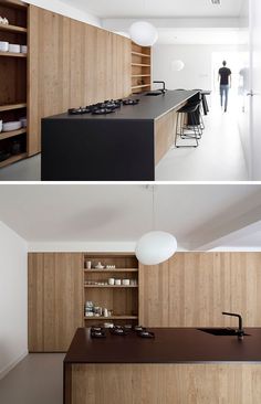 two pictures of a kitchen with wooden cabinets