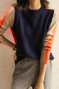 Round Neck Navy and Orange Retro Stripe Sweater Casual Multicolor Workwear Sweater, Casual Color Block Sweater For Work, Sporty Multicolor Fall Sweater, Sporty Multicolor Sweater For Fall, Orange Retro, Navy And Orange, Midi Shift Dress, Sweater Collection, Retro Stripes