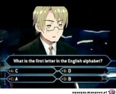 an animated image of a man in a suit and tie with the words what is the first letter in the english alphabet?