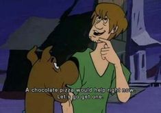 a cartoon character with a horse in front of him and the caption reads, a chocolate pizza would help right now let's go get one