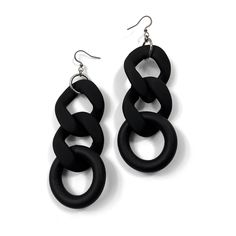 Rubber Earrings - These sophisticated, lightweight statement earrings are made from black rubber tubing and plastic chain links with a black matte texture and stainless steel jump rings. Surgical steel ear wires. Rubber Earrings, Matte Texture, Link Earrings, Rings Gold, Chain Links, Black Matte, Black Rubber, Jump Rings, Ear Wires