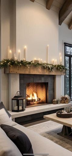 a living room filled with furniture and a fire place in the middle of a fireplace