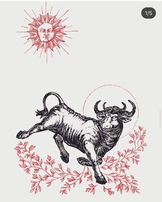 a drawing of a bull with the sun in the sky above it and leaves around it