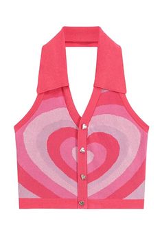 Pink Layered Heart Collar Halter Neck Top for Women Indie Spring Heart Print V-neck Top, Fitted Summer Top With Heart Print, Fitted Heart Print Top For Summer, V-neck Top With Heart Graphic For Summer, Summer Cotton Top With Heart Print, Fitted Sleeveless Top With Heart Print, Trendy Cotton Tops With Heart Print, Fitted Crop Top With Heart Graphic, Fitted Heart Graphic Crop Top