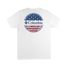 A Circular Logo Graphic At The Front Brings A Cool Finish This Lightweight Crewneck From Columbia. White Short Sleeve Tops Made In Usa, White Graphic Tee Made In Usa, White Crew Neck T-shirt With Flag Print, White Tops Made In Usa For Summer, White Short Sleeve T-shirt With Flag Print, Casual White Tops Made In Usa, White Graphic Tee With Flag Print, White Cotton Shirt Made In Usa, White Summer T-shirt Made In Usa