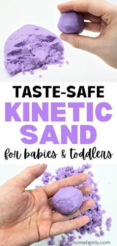 Pictures of hand holding up balls of purple kinetic sand with the words "Taste-Safe Kinetic Sand for Babies & Toddlers" Homemade Kinetic Sand Recipes, Edible Kinetic Sand Recipe, Wet Sensory Play, Sensory Activities Toddlers Edible, Edible Activities For Toddlers, Edible Sand Sensory Play, How To Make Kinetic Sand, Magic Sand Recipe, Diy Kinetic Sand Recipes