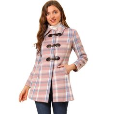 Features with turn down collar, plaid pattern and toggle button closure for chic look.Cut to a regular fit, this coat has been updated with a modern edge, featuring a duffle front design and turn-down collar.Styled with pops of a horn buckle button closure for that classic style.You can pair with jeans, leggings and boots for winter casual looks.Warm and casual style coat, shows a fashionable look and provides all-day comfort. Size: x-small. Color: pink blue. Gender: female. Age Group: adult. Ma Dresses With Belts Casual, Toggle Button, Long Overcoat, Winter Plaid, Doll Collar, Tunic Tops Casual, Long Winter Coats, Lined Hoodie, Duffle Coat