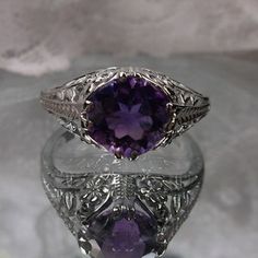 Amethyst Ring/ Solid Sterling Silver / 2ct Round Cut Purple | Etsy Purple Amethyst Ring With Intricate Design, Formal Purple Amethyst Ring With Filigree, Art Deco Purple Amethyst Wedding Ring, Intricate Amethyst Wedding Ring, Filigree Amethyst Ring For Wedding, Wedding Amethyst Ring With Filigree Details, Wedding Amethyst Ring With Filigree, Purple Amethyst Filigree Ring, Floral Filigree