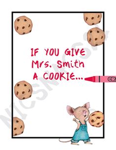 a greeting card with an image of a mouse and chocolate chip cookies in the background