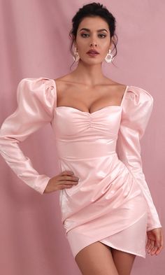 Flashback Friday Light Pink Long Sleeve Puff Shoulder Sweetheart Neck – Indie XO Pink Wedding Guest Dresses, Satin Shirt Dress, Party Mini Dress, Quality Dresses, Pink Skirt, Pink Mini Dresses, Long Sleeve Mini, Solid Dress, Bandage Dress