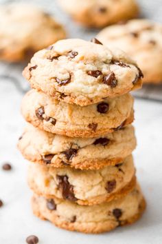 chocolate chip cookies stacked on top of each other