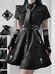 Dark Punk Cross Embroidery Tie Ribbons Dress - Anagoc Dark Punk, Cross Embroidery, Black Clothes, Clothing Design Sketches, Gothic Makeup, Dress Design Sketches, Clothing Details, Alt Fashion, Fashion Inspiration Design