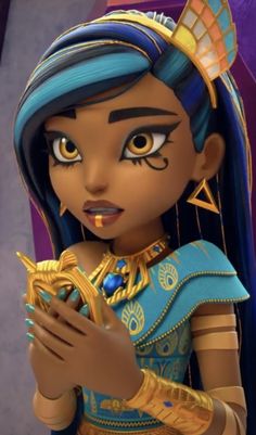 an animated character with blue hair and gold jewelry holding a golden object in her hands