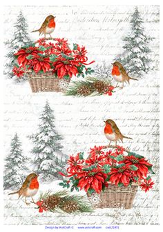 two birds sitting on top of baskets filled with poinsettis and pine cones