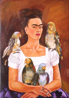 a painting of a woman holding three birds