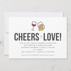 the cheers to love party card is shown with a glass of wine and a bottle