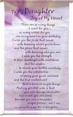 a poem written in purple and white with the words to my daughter, try of my heart