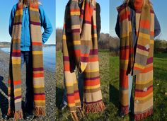 three pictures of two women wearing scarves and scarfs, one in multicolored stripes