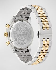 Versace "Chrono Master" men's twotone bracelet watch    44mm; round IP yellow gold stainless steel case    Logo accent on the bezel    Sapphire crystal glass    Green guilloché logo dial    Three subdials    Logo and Medusa Head at 12 o'clock    Date window at 4 o'clock    Twotone fivelink bracelet    Deployant buckle    Swiss Quartz movement    Water resistant at 5 ATM    Spot clean    Made in Italy Medusa Head, Versace Men, O Clock, Sapphire Crystal, Quartz Movement, Stainless Steel Case, Crystal Glass, Neiman Marcus, Bracelet Watch