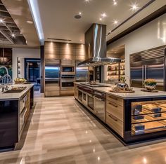 a large kitchen with stainless steel appliances and wooden cabinets