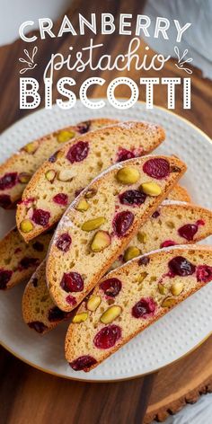 cranberry pistachio biscotti on a white plate with text overlay