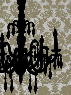 a black chandelier hanging from the ceiling in front of a damask wallpaper