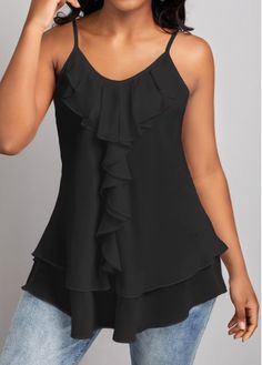 Color:Black;Size:S;Size:L;Package Contents:1 X Camisole Top;Style:Sexy Club; Black Scoop Neck Camisole For Spring, Chic Black Camisole Tank Top, Ruffled Camisole For Night Out, Spring Black Camisole With Scoop Neck, Elegant Black Tank Top For Summer, Casual Party Camisole With Ruffles, Casual Ruffled Camisole For Party, Chic Scoop Neck Camisole For Night Out, Chic Ruffled Camisole For Night Out