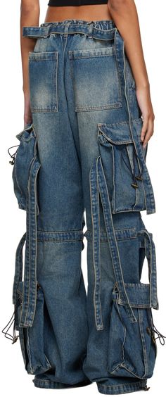 Wide-leg non-stretch denim cargo pants. Fading throughout. · Low-rise · Belt loops at elasticized waistband · Five-pocket styling · Button-fly · Pleats and self-tie straps at knees · Bungee-style drawstring at cuffs · Bellows pockets at outseams · Adjustable cinch strap at back waistband · Logo-engraved brass-tone hardware · Contrast stitching in orange Supplier color: Sand wash Utility Denim Cargo Pants With Belt Loops, Blue Lilly, Preformance Outfits, Denim Cargo Pants, Denim Cargo, Color Sand, Bellows, Contrast Stitch, Luxury Streetwear