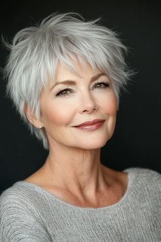 Portrait To Paint, Silver Gray Hair Color Short Haircuts, Short Bobs For Older Women, Short Flicks Haircut, Ladies Mid Length Hairstyles, Chin Length Silver Hair, Short Grey Hairstyle Women, Short Shaggy Haircuts Straight Hair, Hair Styles For Grey Hair Older Women